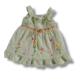 Youngland Baby Dress Sundress Green Gingham Embroidered Ruffle Size 24 Mo.